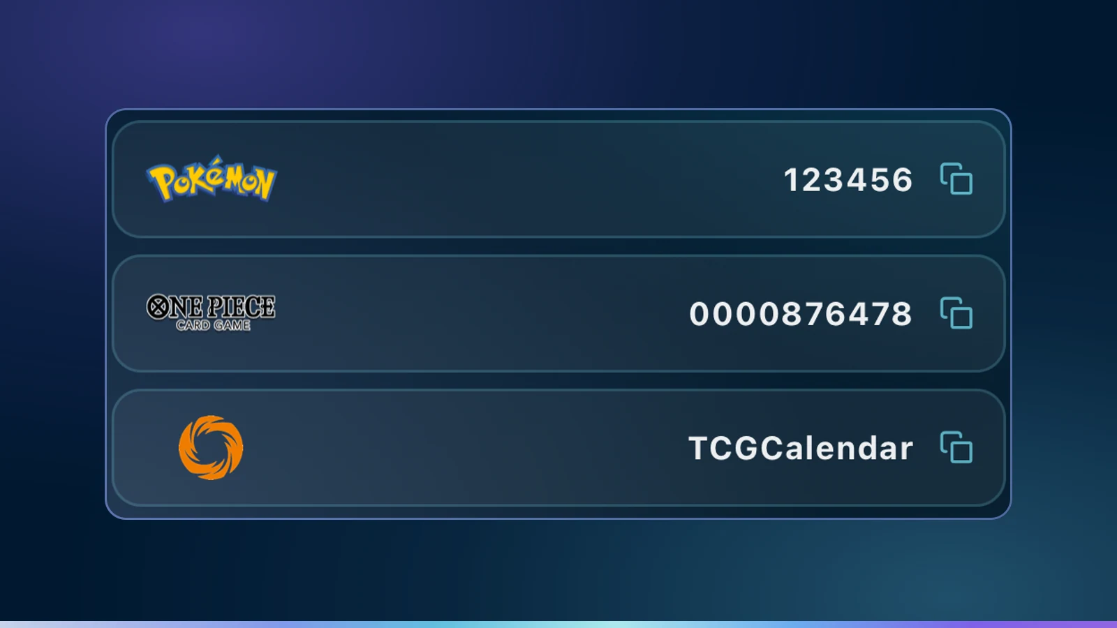 Game IDs saved on the TCG Calendar ID card