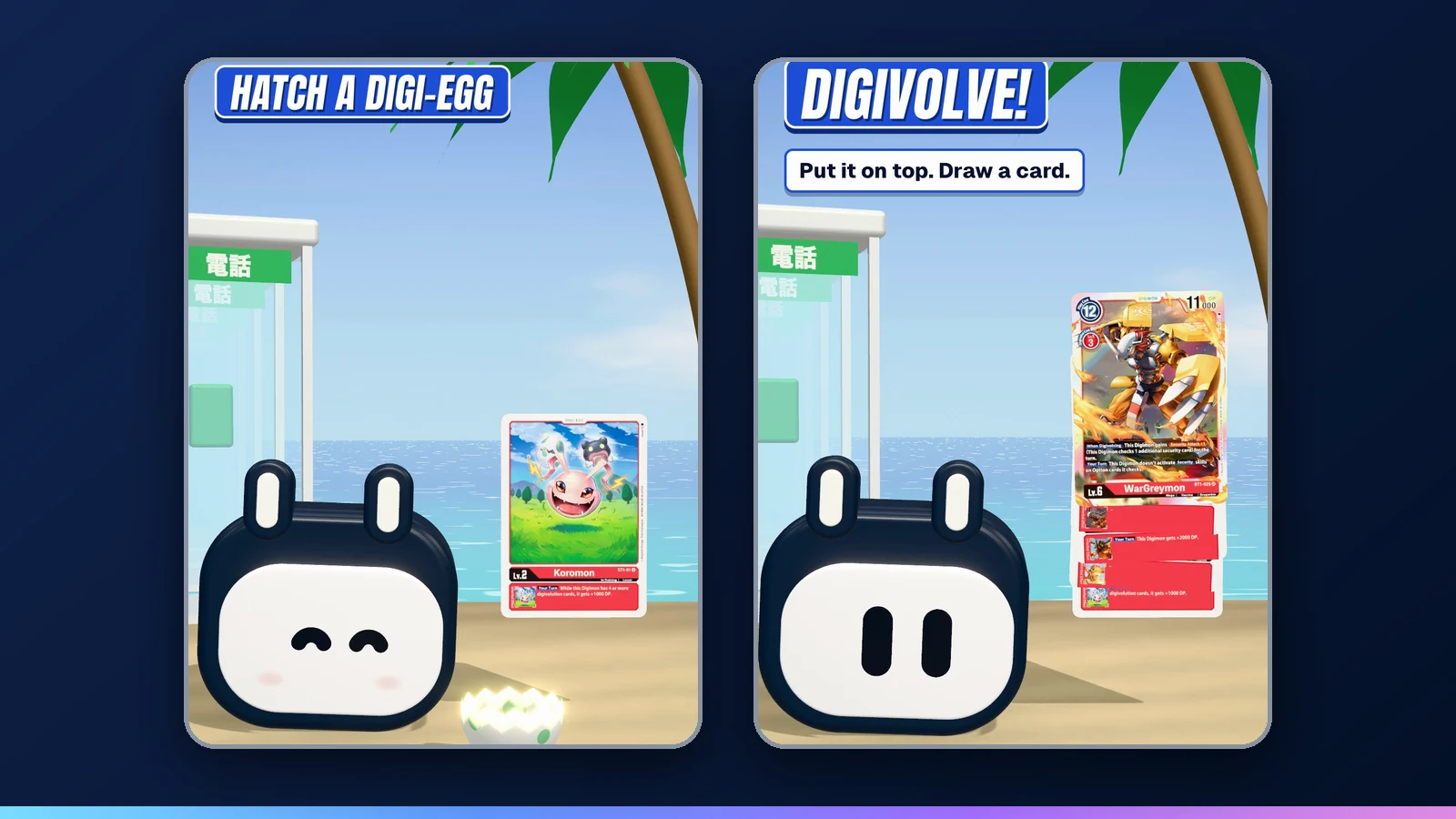Holo hatches a Digi-Egg into the Koromon card, then WarGreymon goes on top