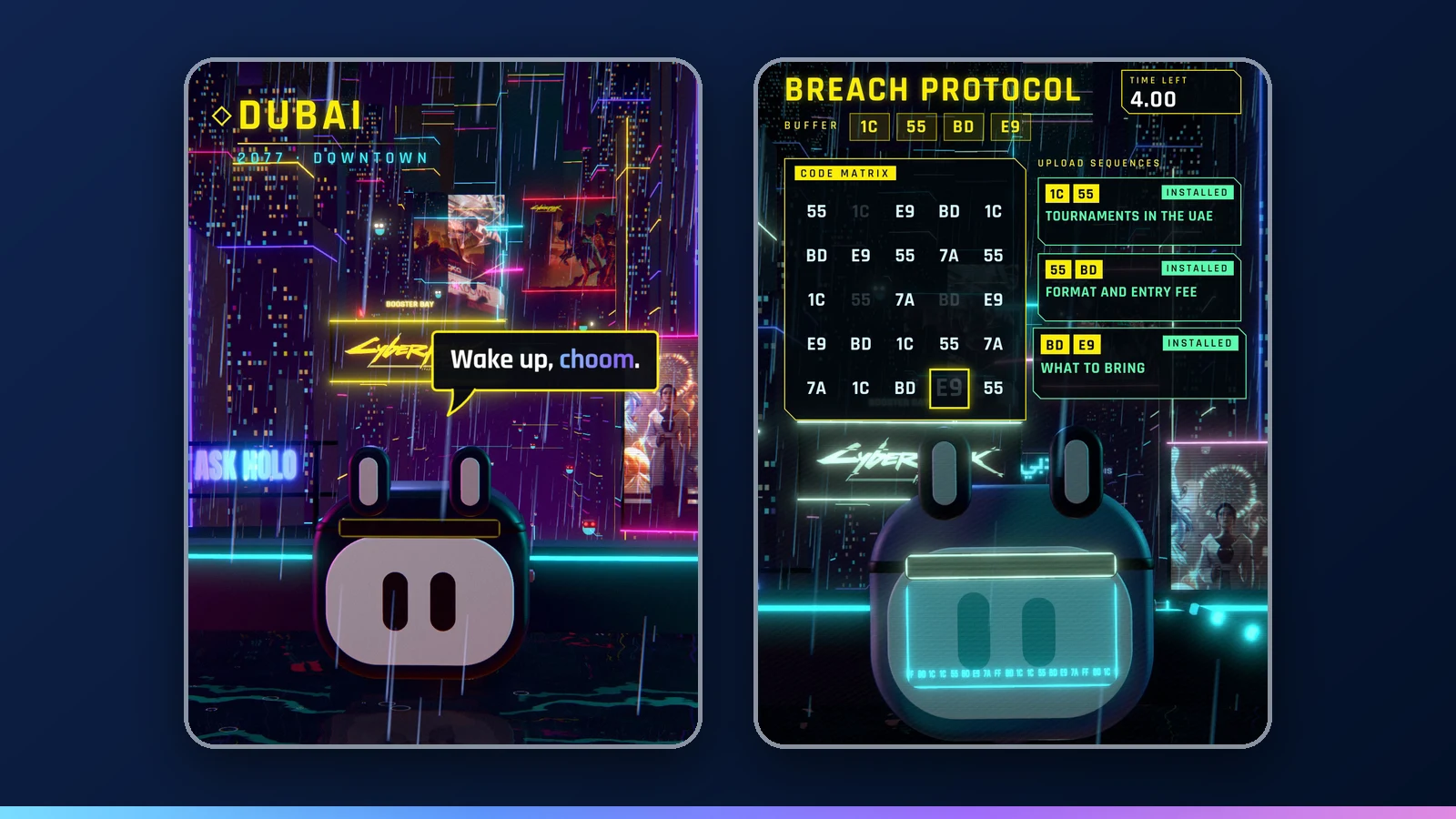 Holo as a netrunner in a neon Dubai, hacking Cyberpunk TCG tournaments into TCG Calendar