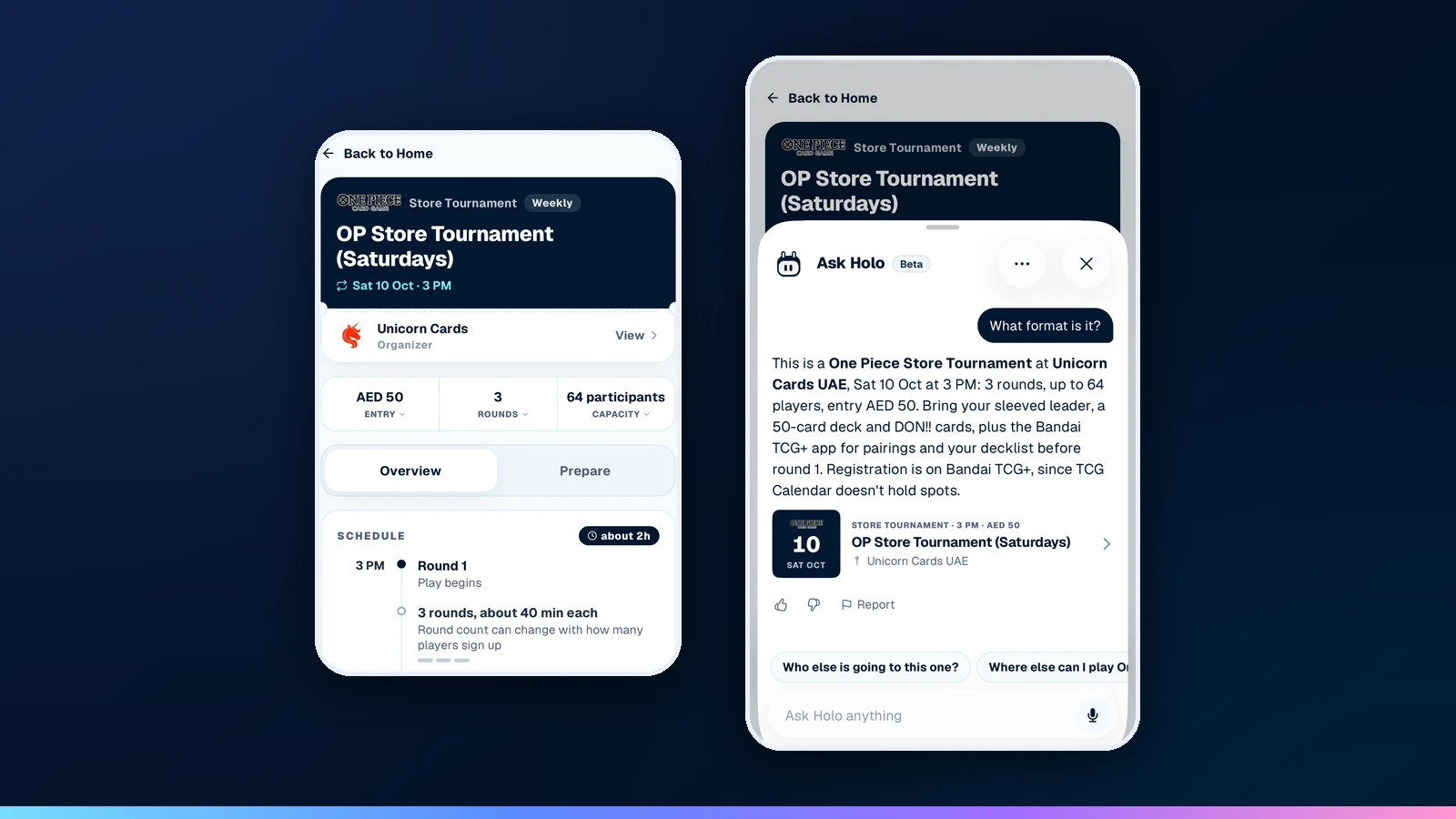 A tournament page, and Holo answering What format is it? over it
