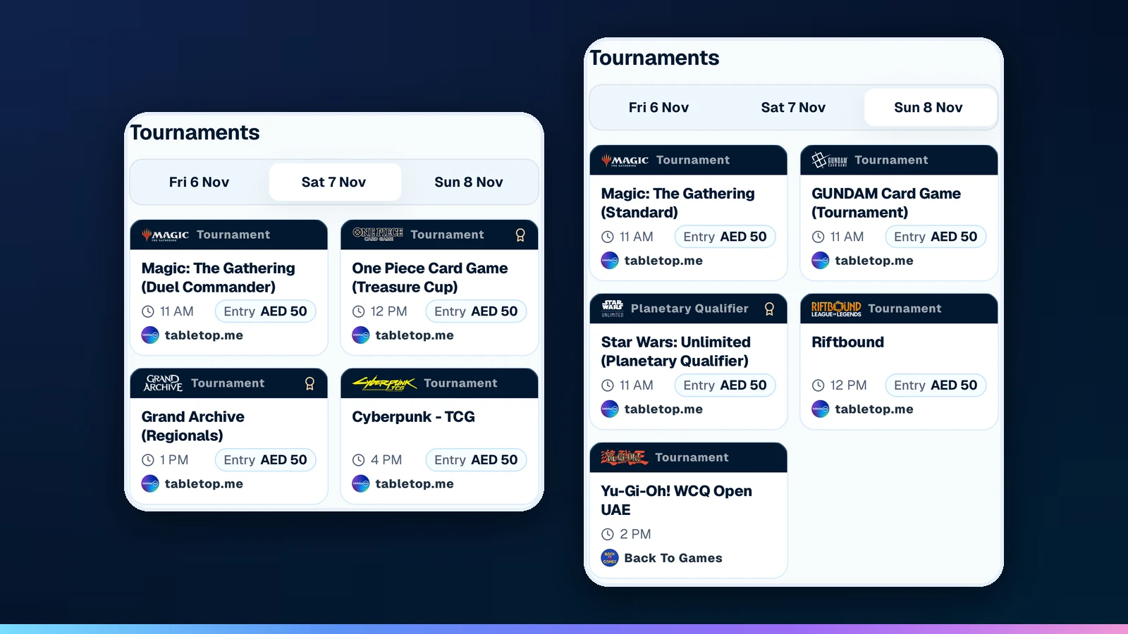 The tournaments on the tabletop.me page, Saturday and Sunday