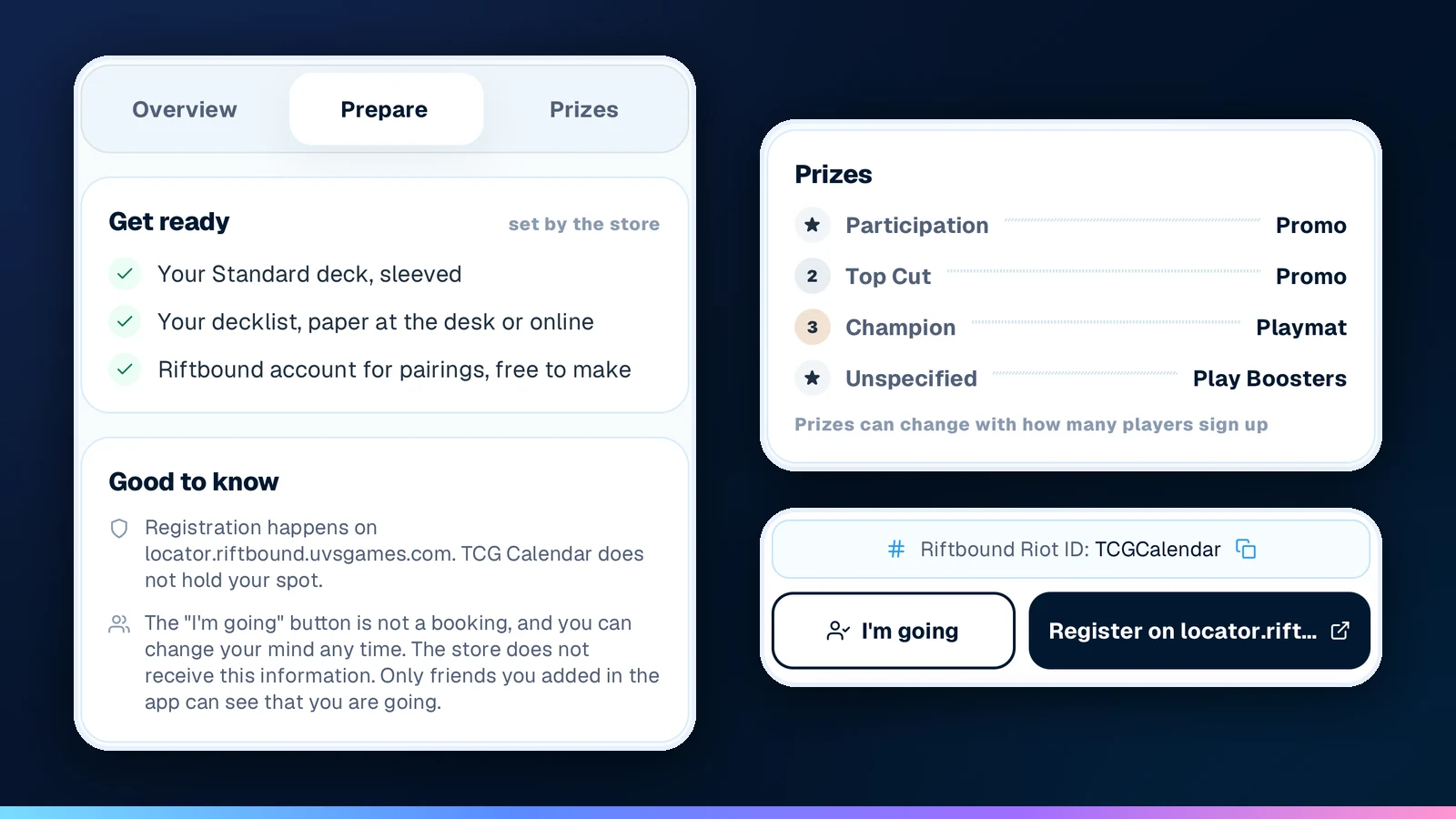 The Prepare tab, the Prizes ledger, and the I'm going and Register buttons