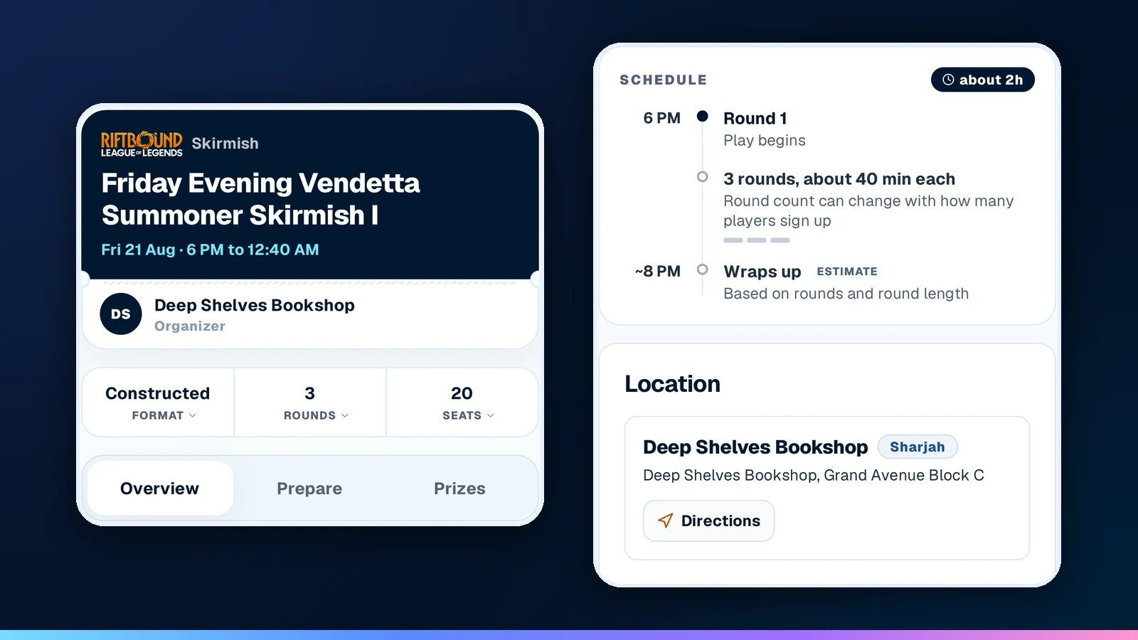 A tournament page with its schedule and location