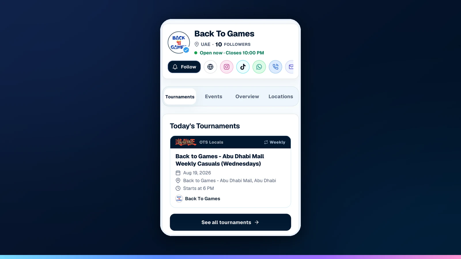 An organizer profile with its Tournaments tab